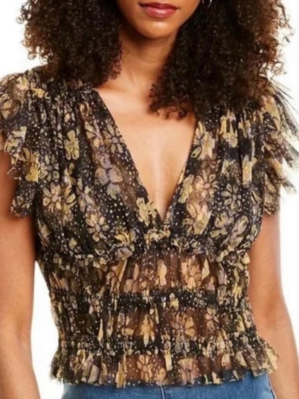 Free People Black and Tan Floral Smocked V-Neck Crop Top